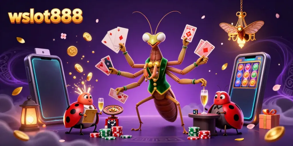 Permainan slot wslot888 yang menarik dengan karakter kartun unik dan elemen kasino yang berkilauan.