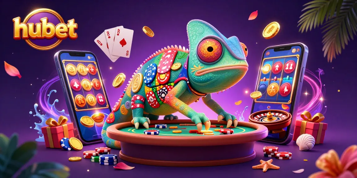 Engage with hubet's vibrant casino scene featuring a chameleon owner and dynamic game elements.