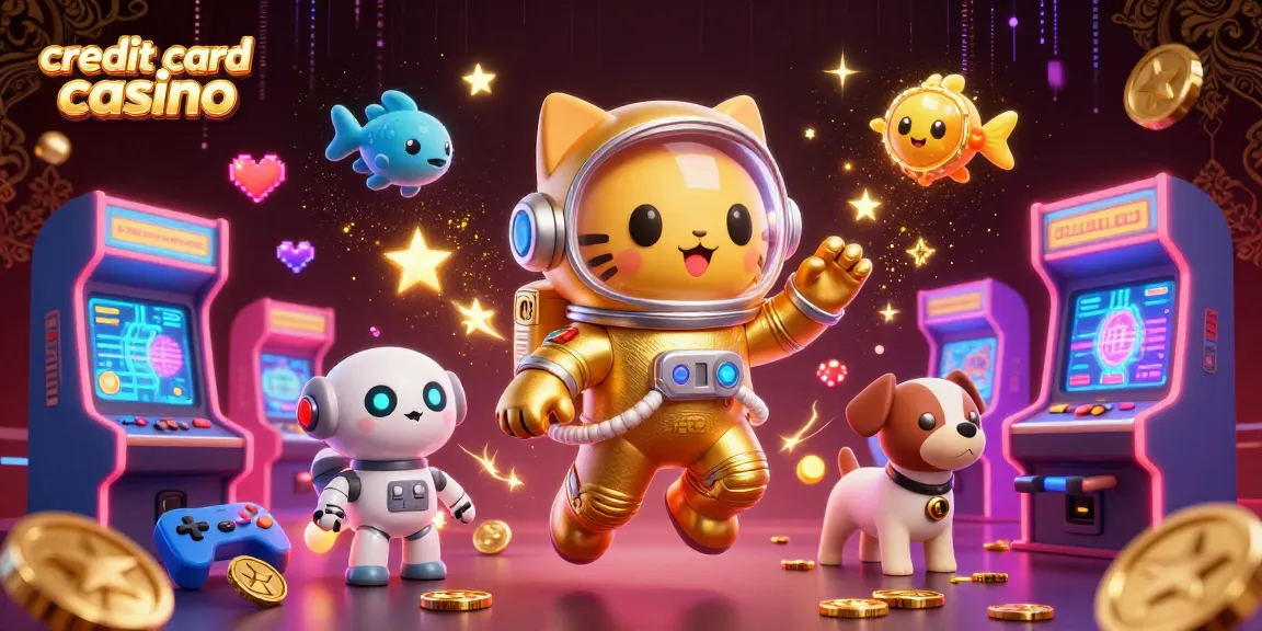 Play thrilling games at a top credit card casino, featuring a dynamic scene of 3D characters and arcade machines.