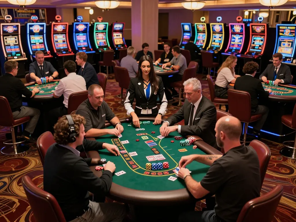 Players enjoying strategic gameplay at the Q88 poker table amidst lively casino atmosphere.