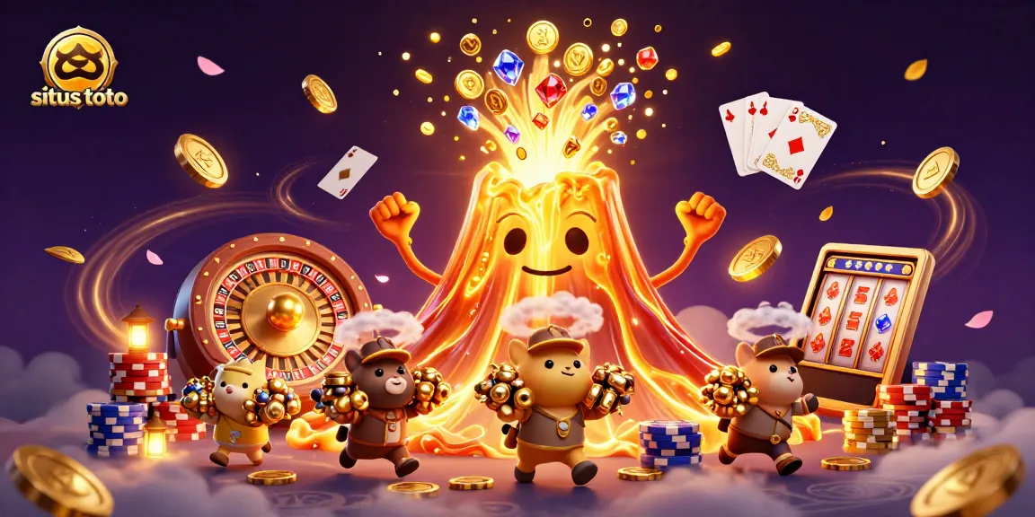 Swinging into excitement with situs toto as cartoon volcano triumphs amidst coins and treasures.