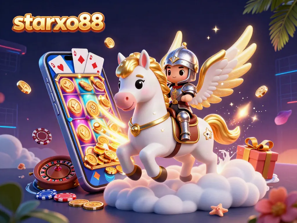 Spin vibrant slots at starxo88 with a celestial-themed 3D casino illustration of a knight riding a horse.