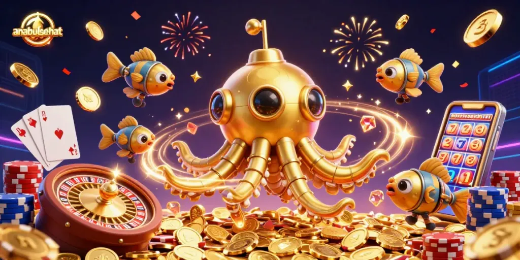 Gambaran ilustrasi 3D anabulsehat: Kraken emas dan ikan mekanis berlayar di lautan koin emas yang berkilauan.