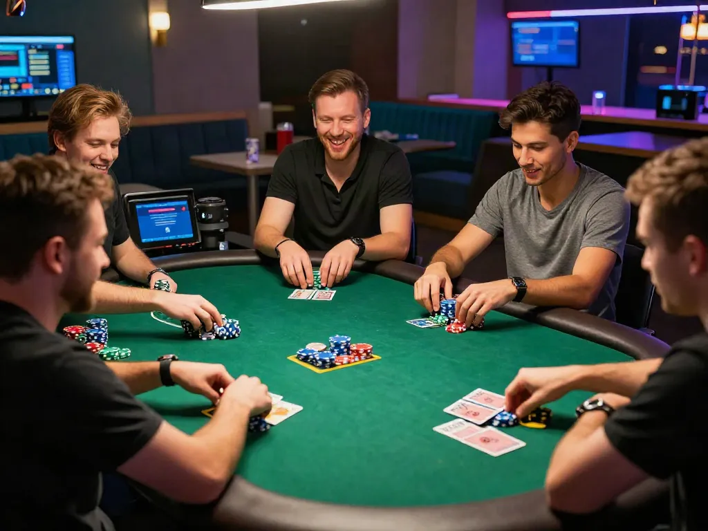 A diverse group enjoying an akunjp poker game in a vibrant lounge atmosphere.