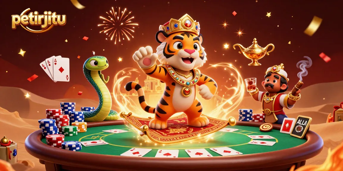 Gambarkan petirjitu saat bermain poker dengan tumpukan chip yang berwarna-warni di latar belakang magis.