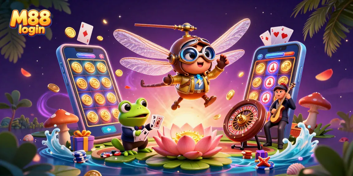 Experience the thrill of M88 login with a vibrant casino scene featuring a dragonfly pilot and frog dealer.