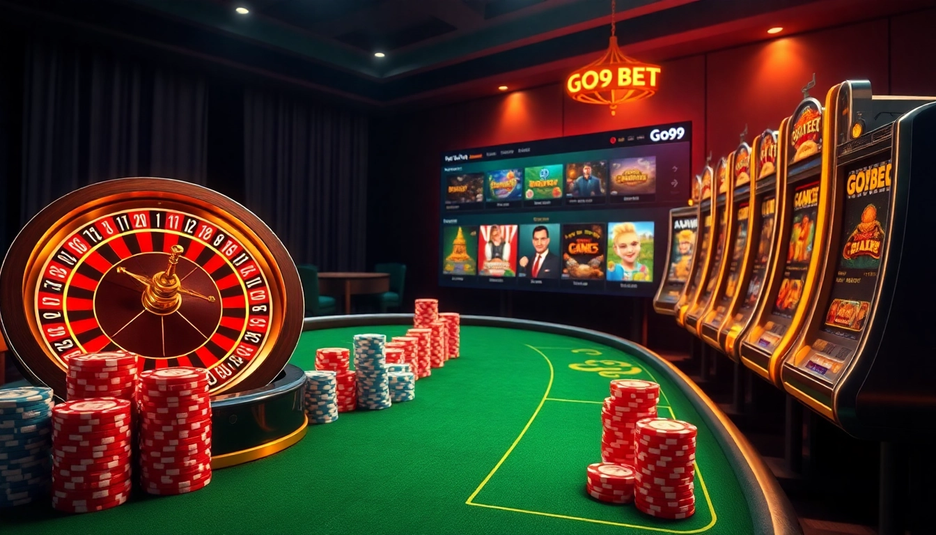 Engage with go99 bet at a luxury casino scene featuring poker chips and a roulette wheel.