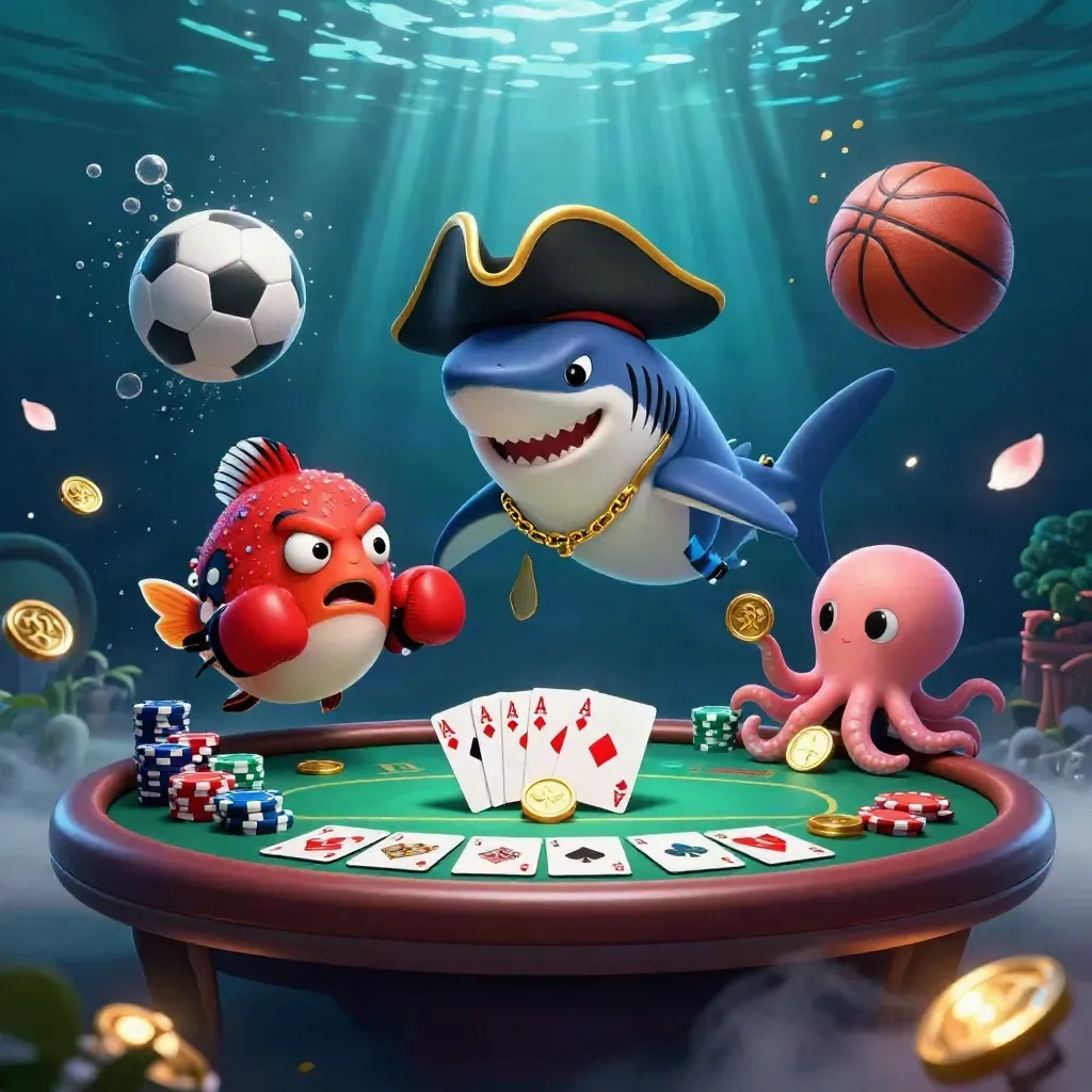 Pirate shark, pufferfish, and octopus amid casino chips, cards, and frozen sports balls underwater