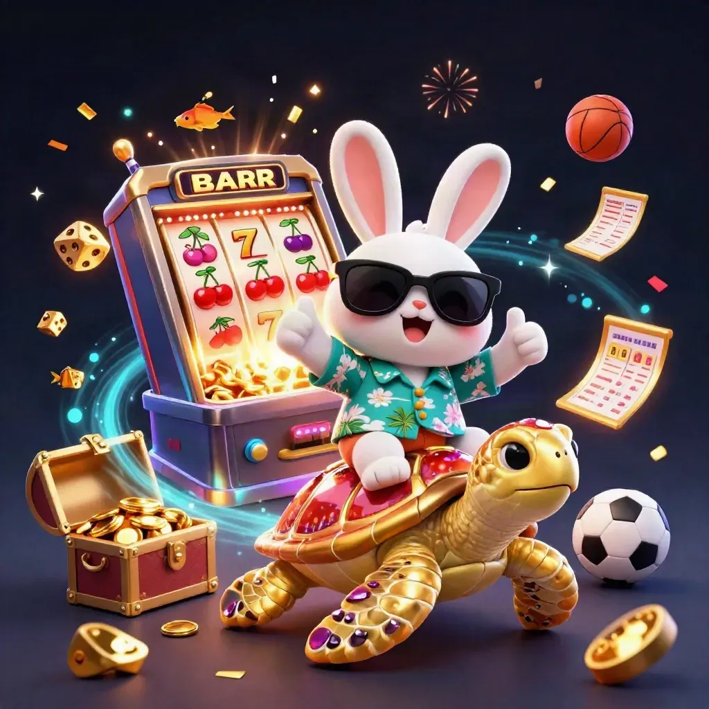 Lucky rabbit rides a jeweled sea turtle amid exploding slots, balls, and gold on a dark neon backdrop