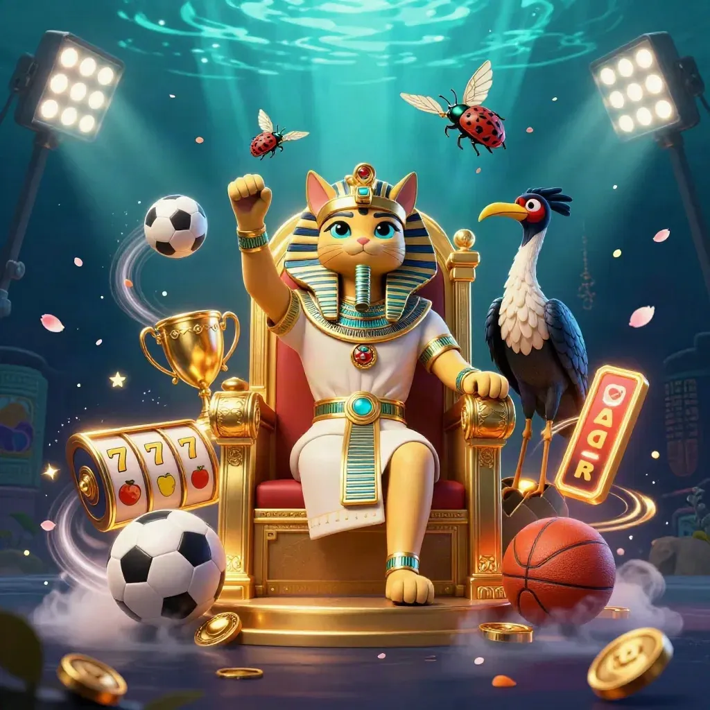 Pharaoh cat, ibis scribe, and gem-winged scarabs amid jackpot lights, coins, and flying sports balls.