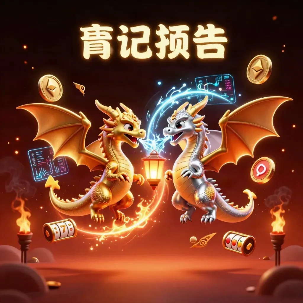 Twin gold and silver dragons orbit a lantern spirit amid casino symbols and neon energy