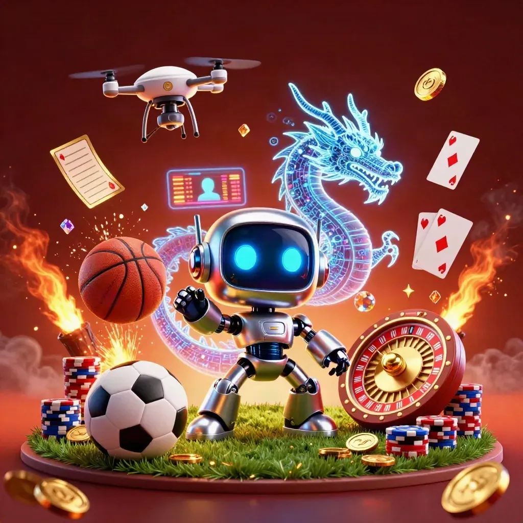 Cyberpunk robot, holographic dragon, coins, roulette wheel, soccer ball and basketball in a fiery casino sports scene.