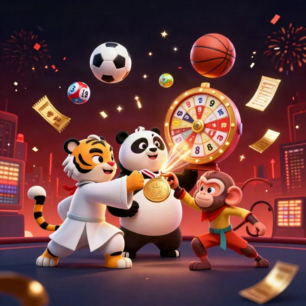 Tiger, panda, and monkey clash amid lottery balls, jackpot gear, and red-gold casino sparks.