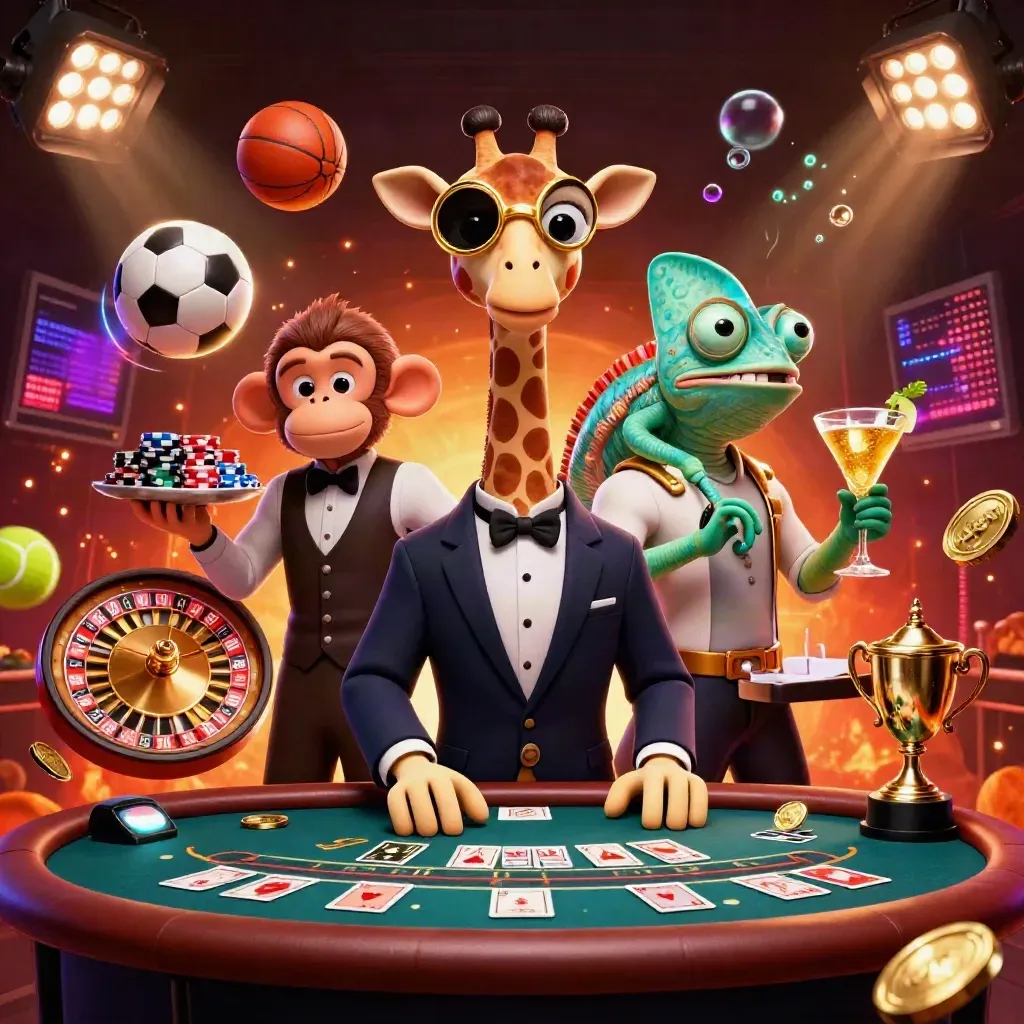 Giraffe high roller, monkey valet, and chameleon bartender in a luxe casino scene.