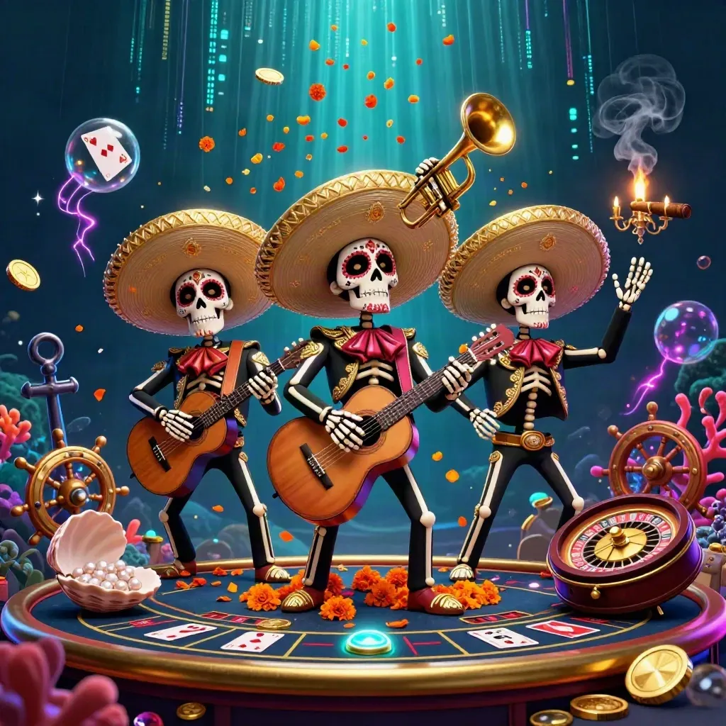 Day-of-the-Dead mariachi skeleton trio in an underwater treasure cove with neon casino glam.