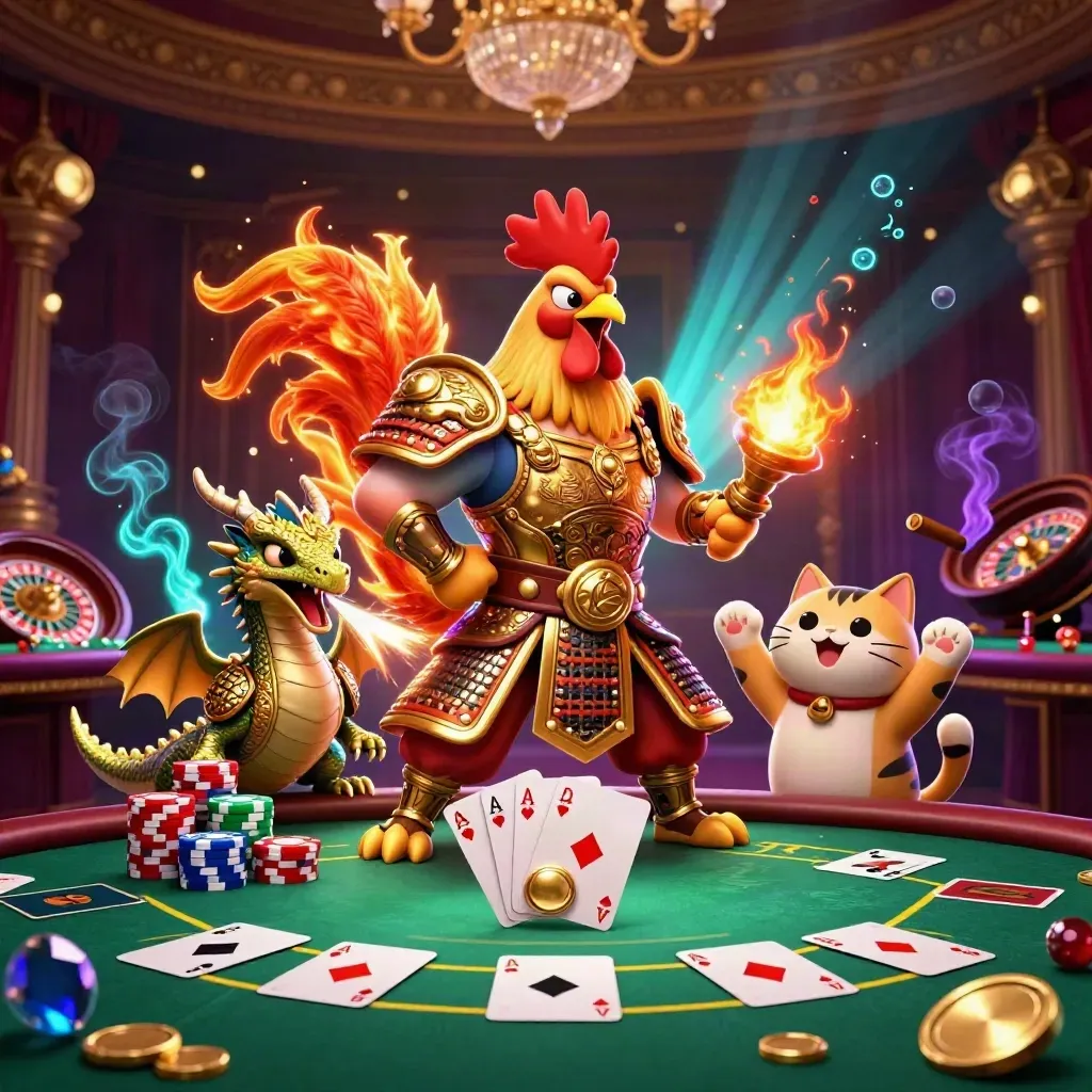 Rooster warrior, dragon hatchling, and fortune cat in a luxe casino room with glowing chips