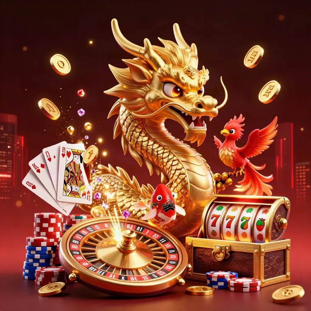 Golden dragon, phoenix, koi and casino treasures exploding in a luxe red-black fantasy scene.