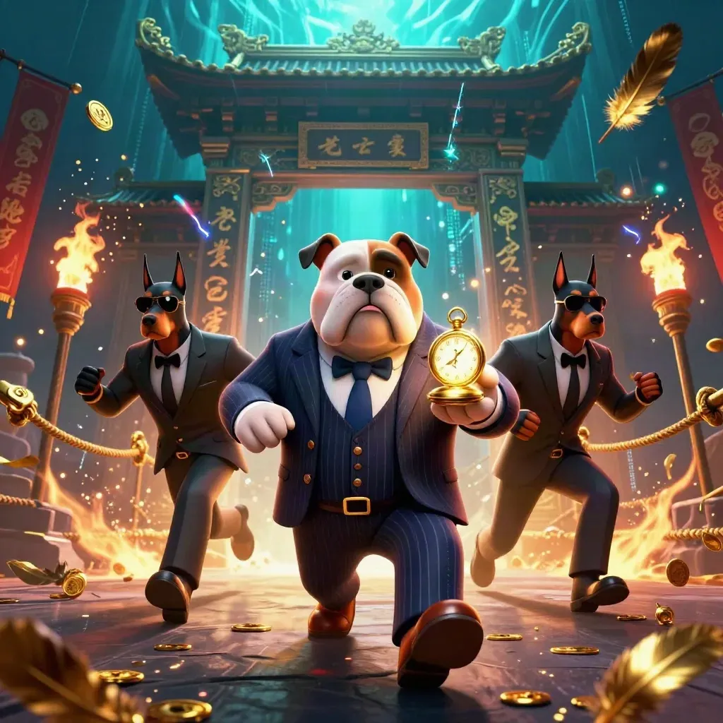 Bulldog boss and two Dobermans surge through a temple ring amid gold, feathers, and neon energy