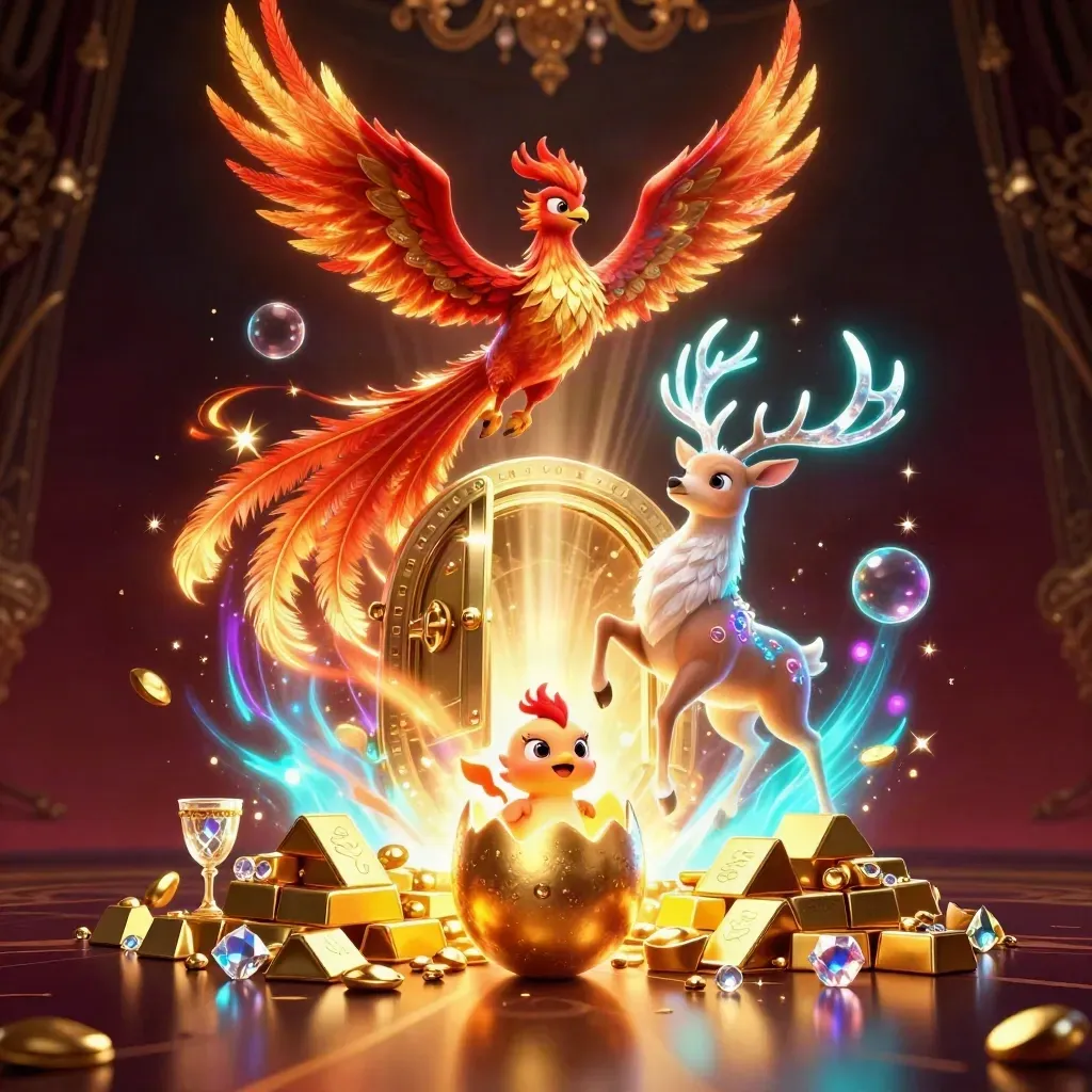 Fire phoenix, hatching baby, and crystal-antler stag burst from a golden vault in cyan glow.