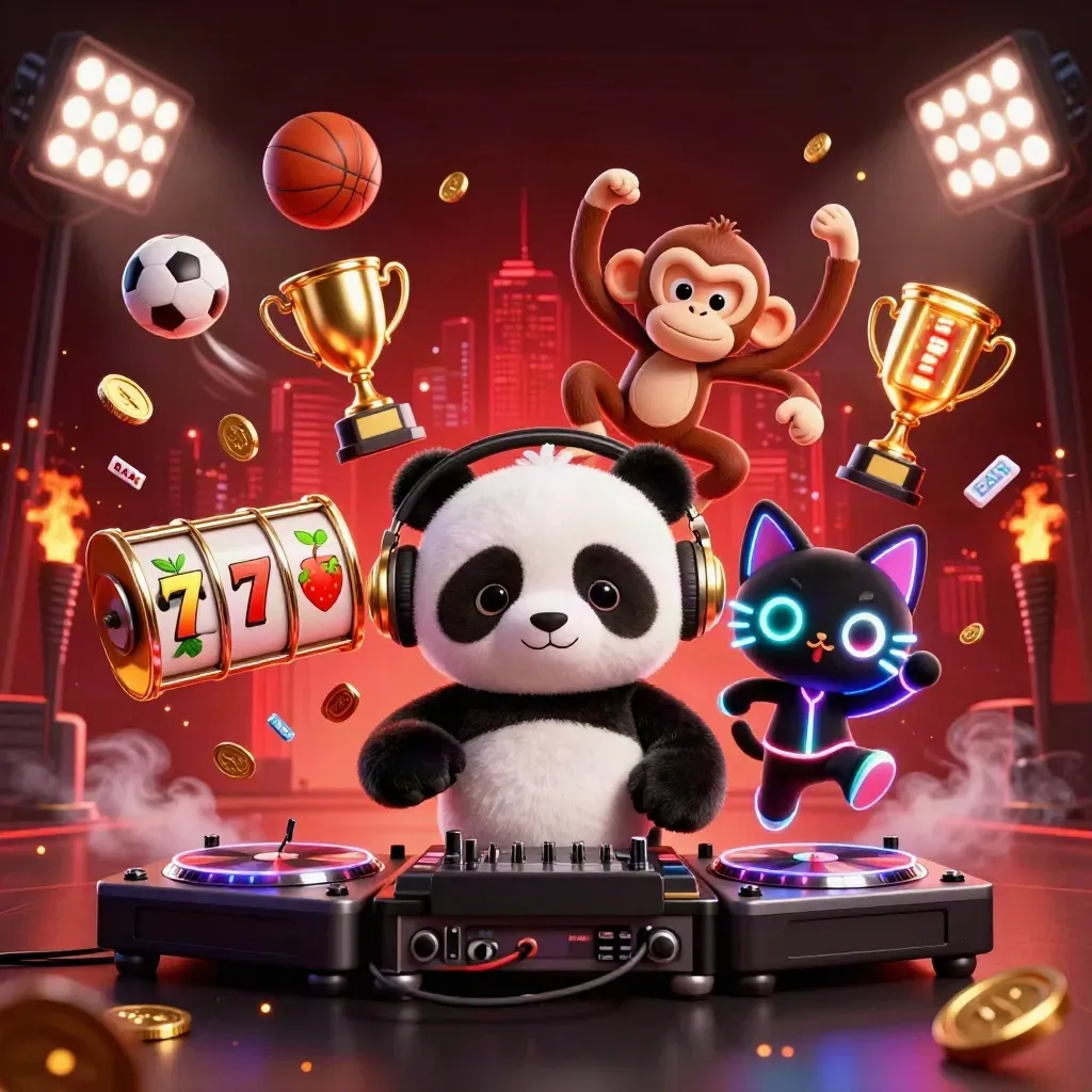 DJ panda, breakdancing monkey and glow-stick kitten amid coins, sports balls and neon casino lights.