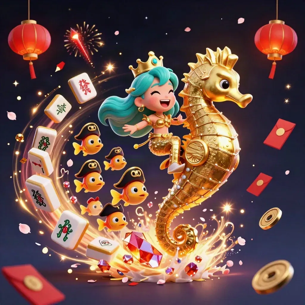 Mermaid princess on a golden seahorse with pirate fish, lanterns, coins, and fireworks