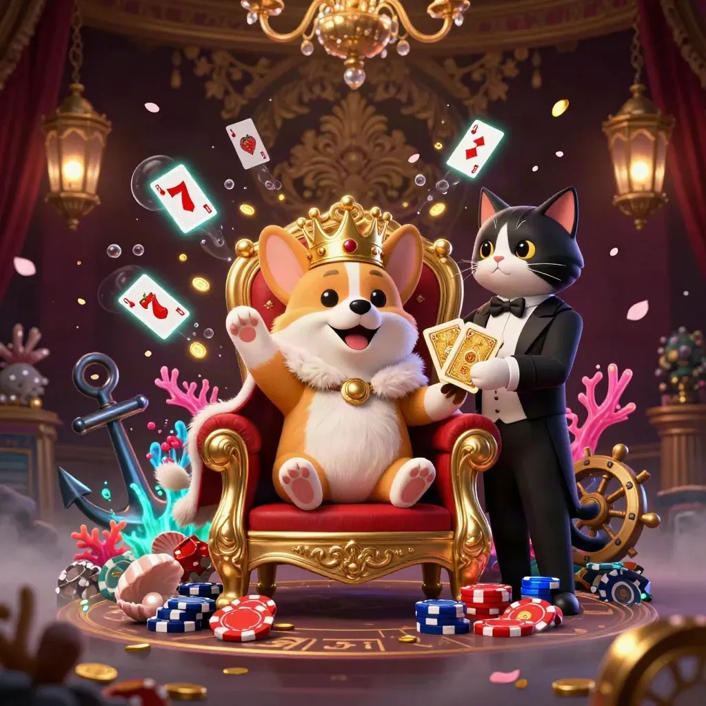 Royal corgi and cat butler amid treasure, coral, coins, cards, and neon casino glow.