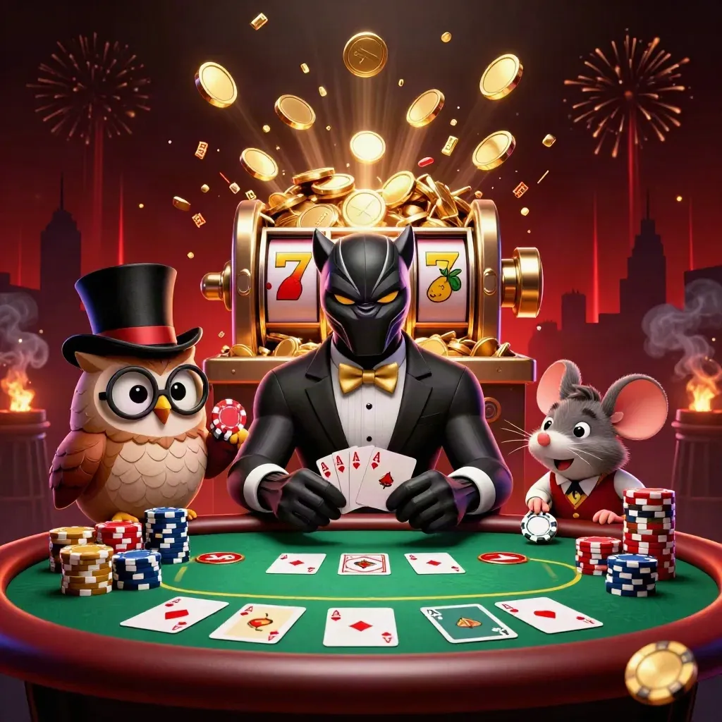 Panther, owl, and mouse amid jackpots, chips, coins, and fireworks in a luxe casino splash.
