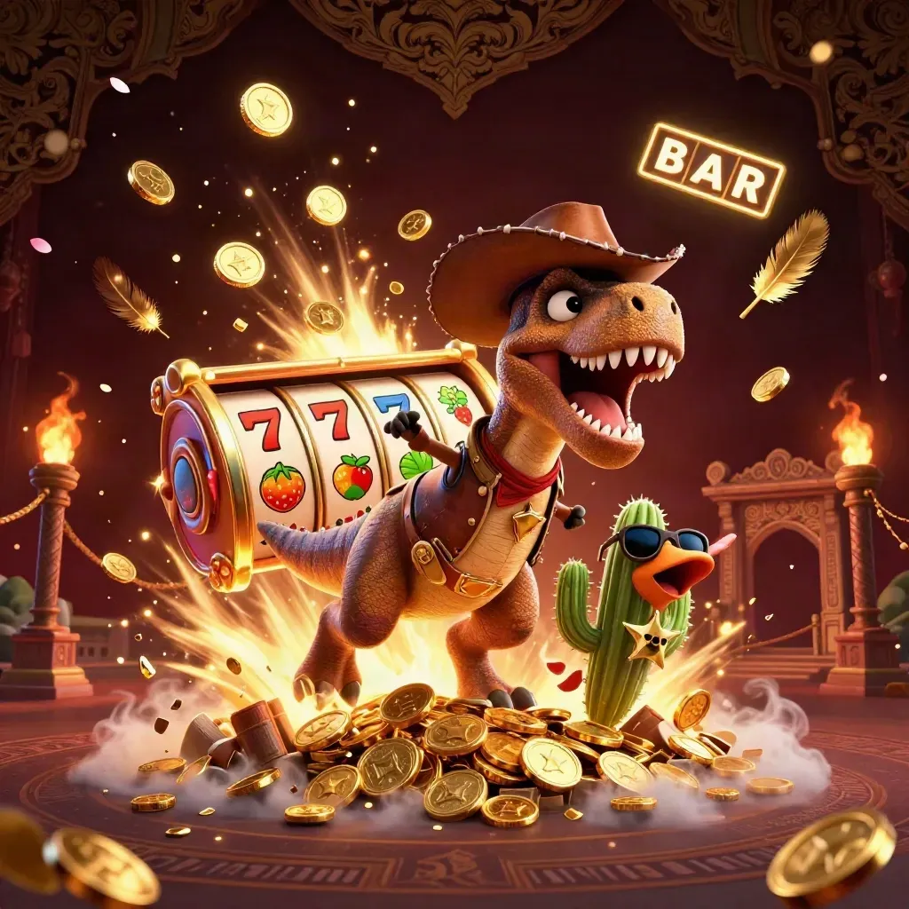 Cowboy T-Rex, cactus sidekick, and roadrunner celebrate amid coins, reels, and a bursting treasure vault.