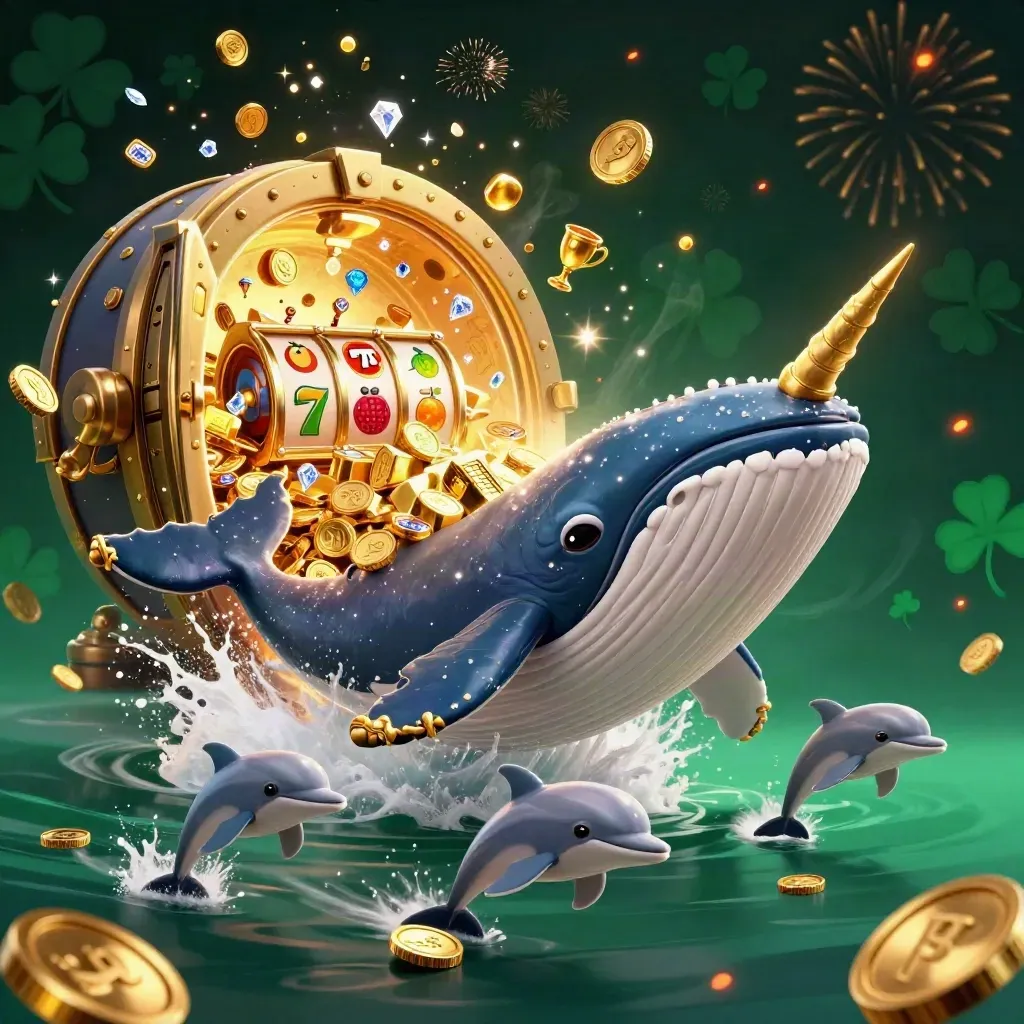 Whale captain, narwhal, and dolphins burst from a vault amid gold coins and fireworks.