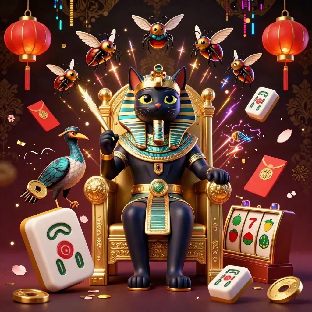 Pharaoh cat, ibis scribe, and gem-winged scarabs amid casino symbols on a dark royal backdrop.