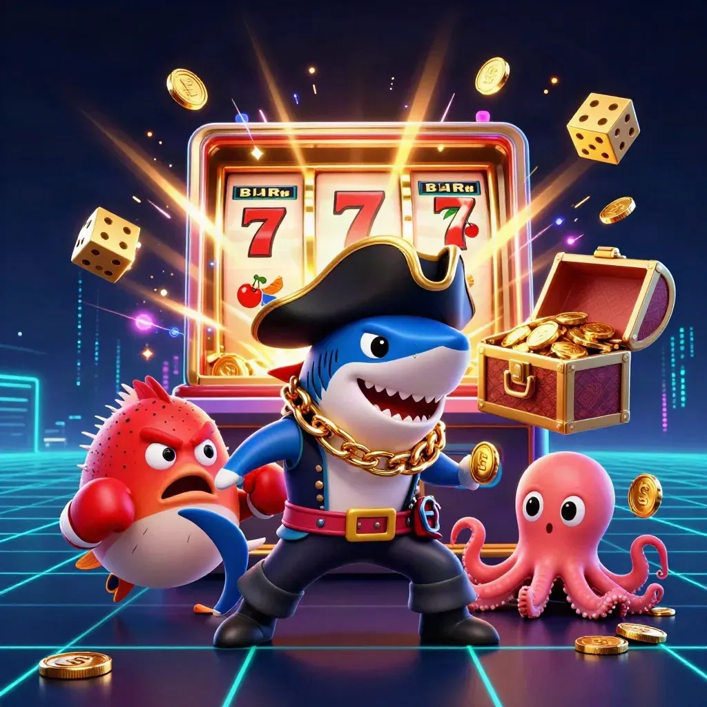 Pirate shark, boxing pufferfish, and coin-juggling octopus amid exploding jackpot slots and neon gold.