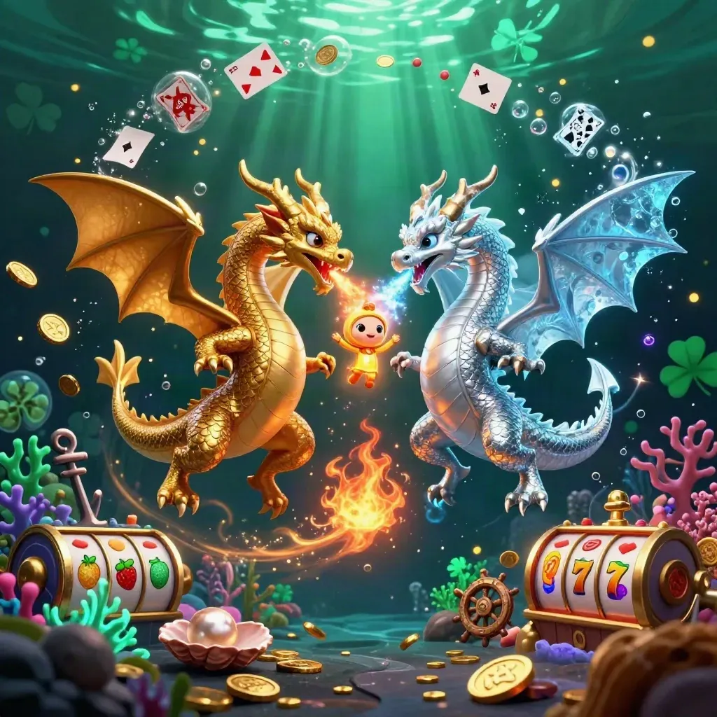 Twin gold and silver dragons spiral in a glowing underwater jackpot scene with coins, reels, and bubbles.