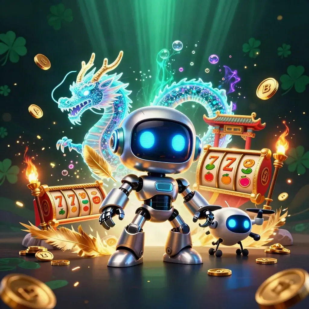 Cyberpunk robot, holographic dragon, and coin drone amid temple gates, reels, coins, and glowing effects.