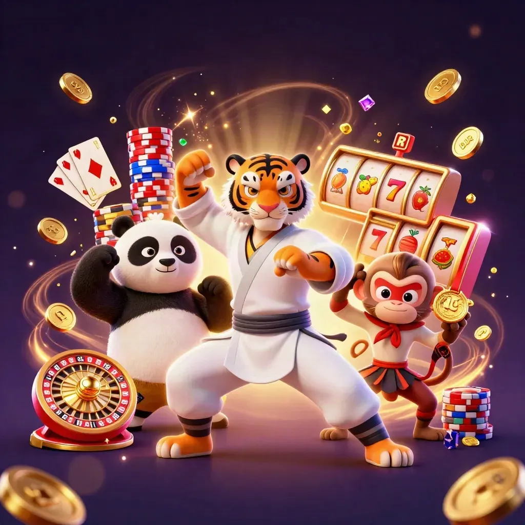 Kung-fu tiger, panda, and monkey amid casino reels, coins, cards, chips, and glowing magic.
