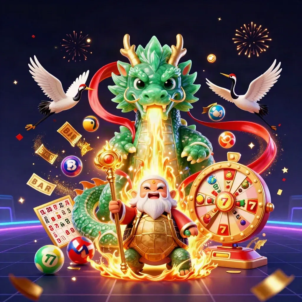 Emerald dragon, turtle sage, and cranes amid gold fire, reels, balls, confetti, and neon casino effects.