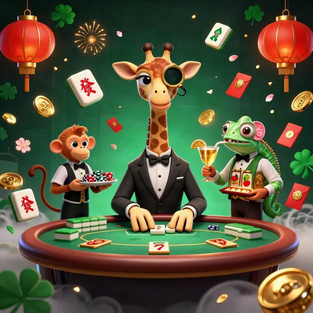 Giraffe, monkey valet, and chameleon bartender amid jackpot gems, lanterns, and neon casino magic.