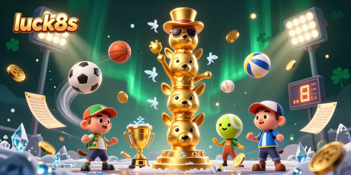 Join the excitement at luck8s with a vibrant 3D casino illustration showcasing dynamic sports betting elements and golden totem.