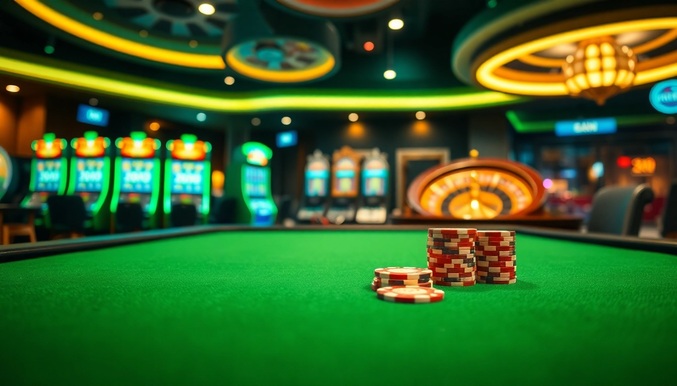 Spielen im Stilvollen Casino-Umfeld auf casinospielen.de mit eleganten Spieltischen und bunten Chips.