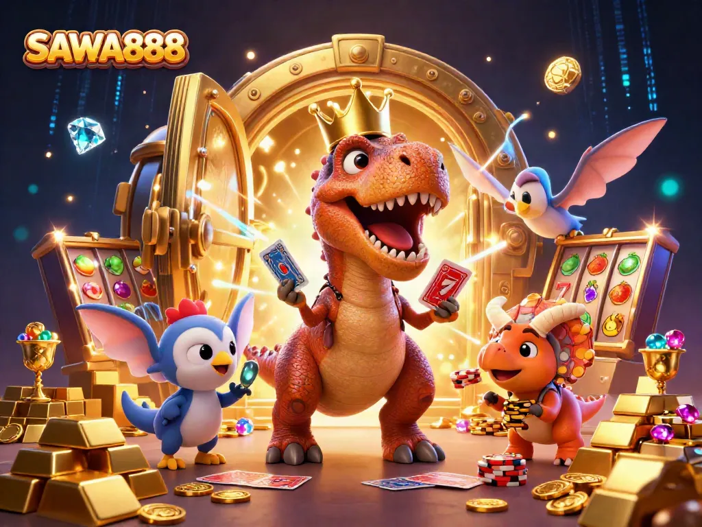 SAWA888's casino adventure scene with T-Rex and friends shuffling cards and stacking chips.