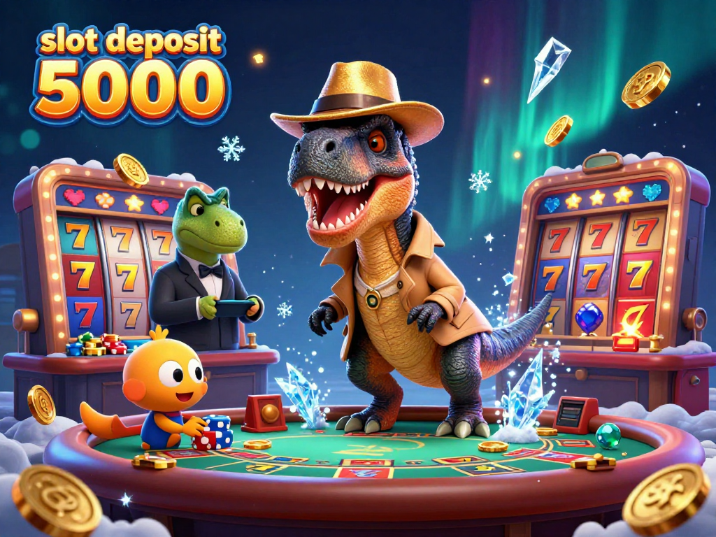Slot deposit 5000 revealing a velociraptor card counter among vibrant 3D game elements.