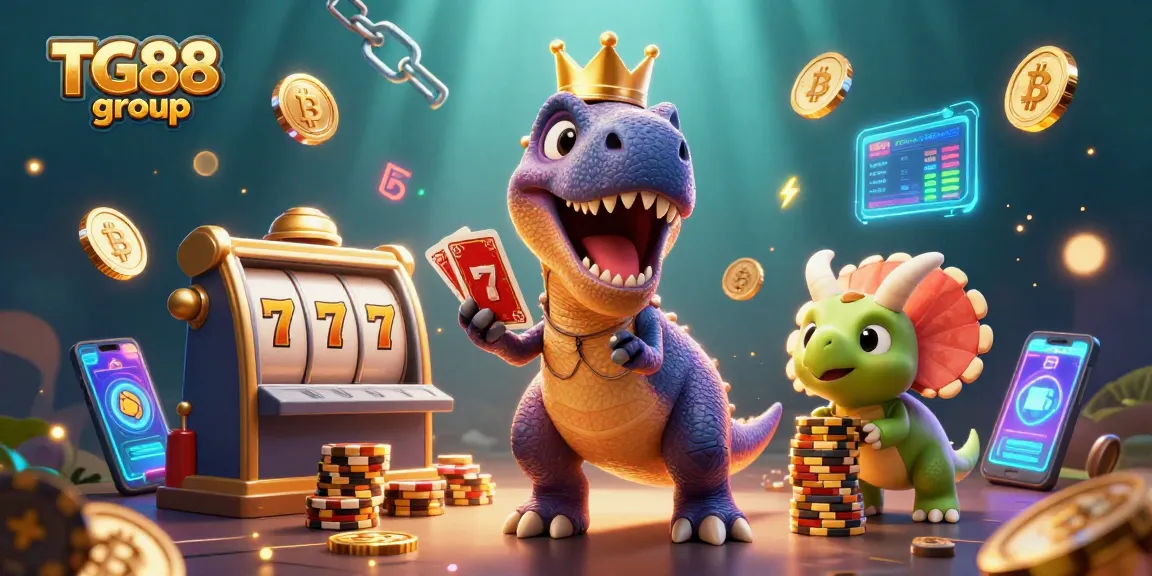 Engage with the TG88 group through a vibrant, action-packed casino scene featuring friendly dinosaur characters.