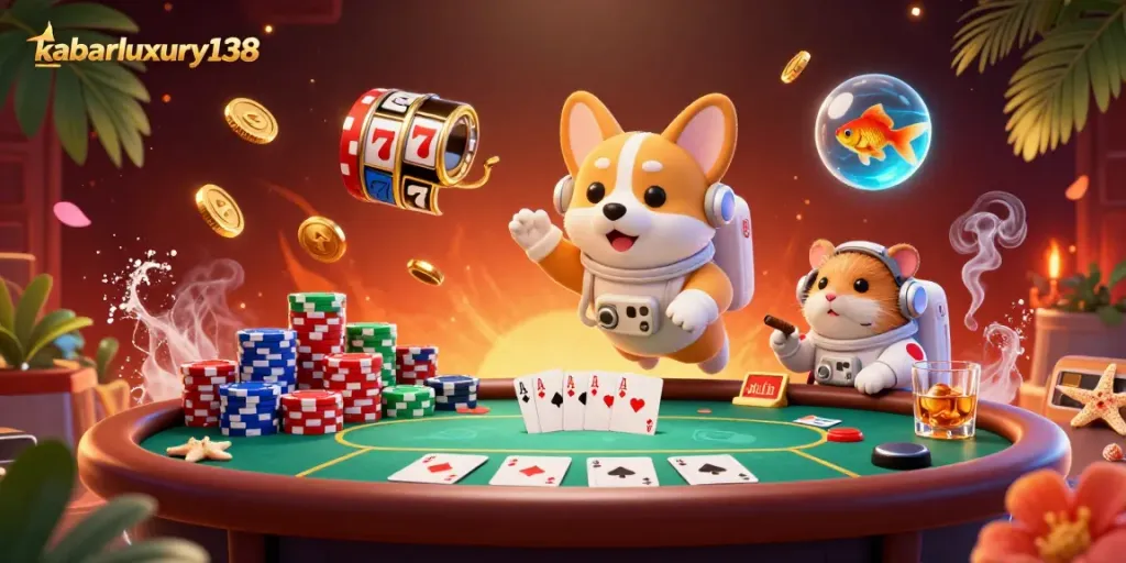 Engage in thrilling casino action with kabarluxury138 in an ultra-detailed 3D scene featuring floating poker elements.