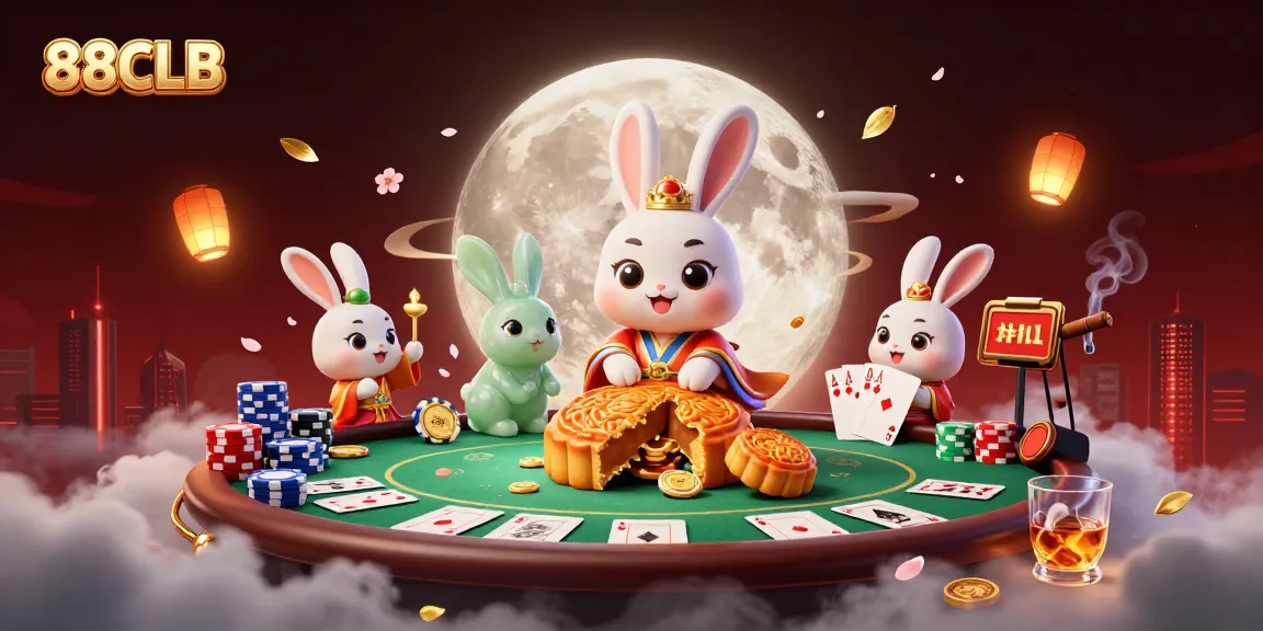 Experience the excitement of 88CLB casino with a vibrant scene of a moon rabbit unveiling poker chips.