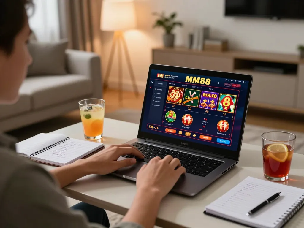 Enjoying an immersive MM88 online casino experience from home with strategic notes and engaging gameplay.