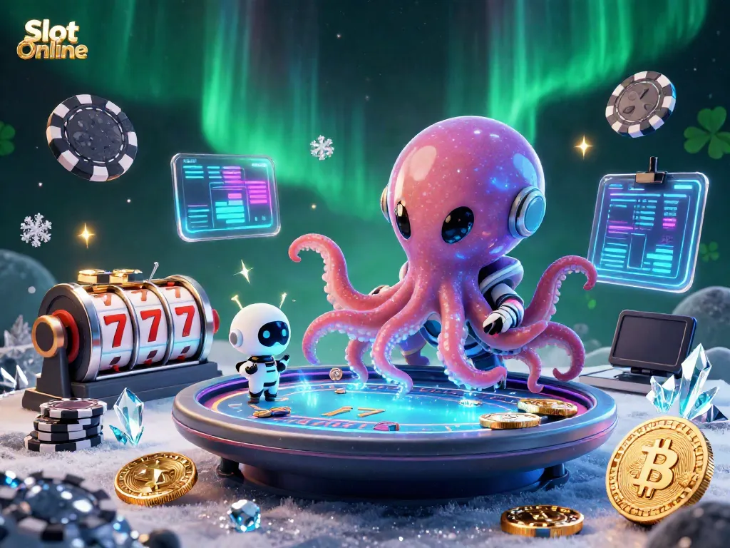 Slot Online - Gurita alien bermain poker dengan robot di latar galaksi futuristik dan elemen kasino.
