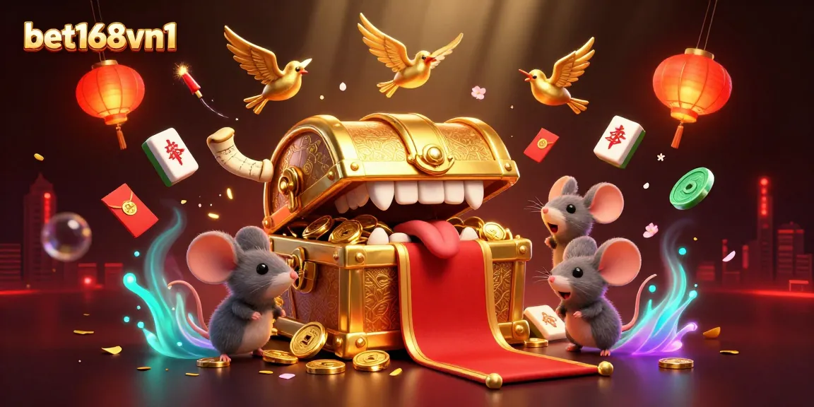 Engage with bet168vn1's exciting gaming scene featuring a treasure chest and casino elements.