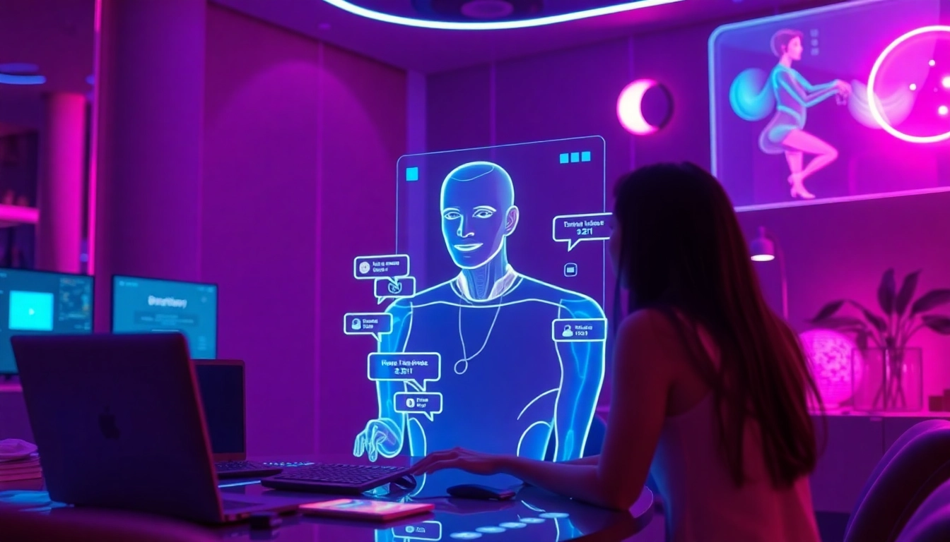Vibrant AI NSFW chat environment with futuristic digital avatar and interactive tech.