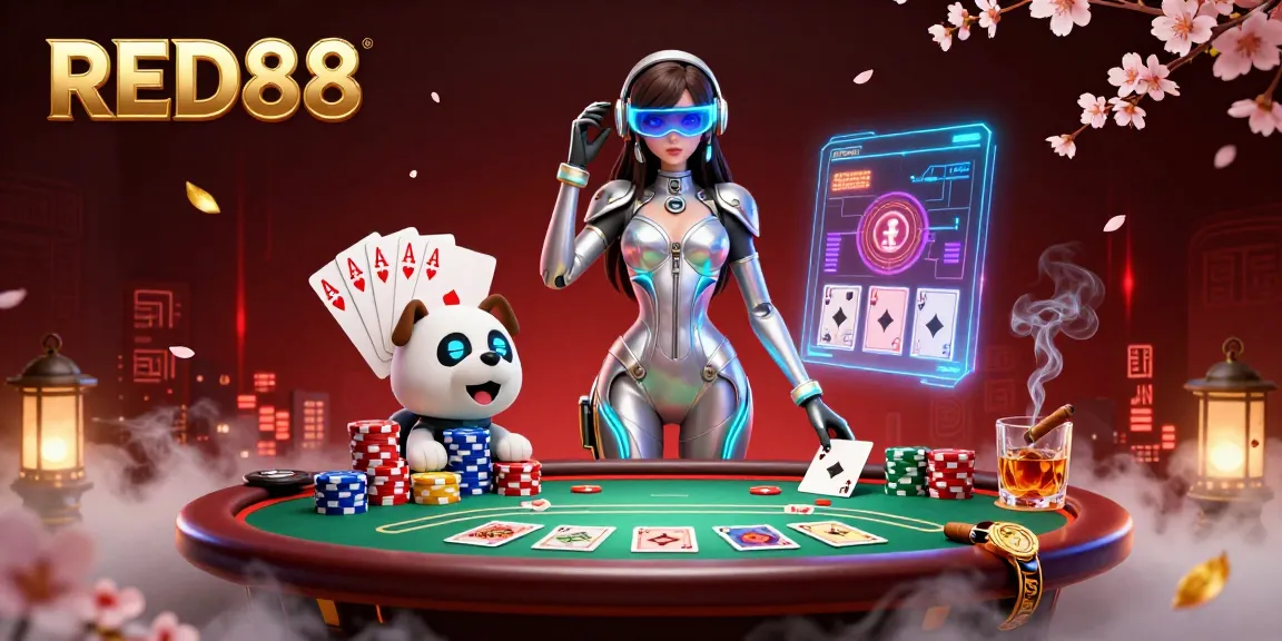 Experience the thrilling atmosphere of RED88 with vibrant game elements in a lively casino scene.