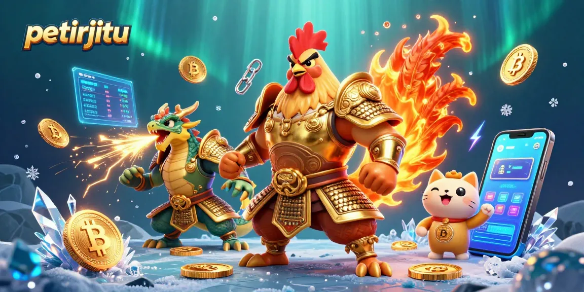 Petirjitu menghadirkan ilustrasi 3D ayam petarung dan naga dalam adegan kasino.