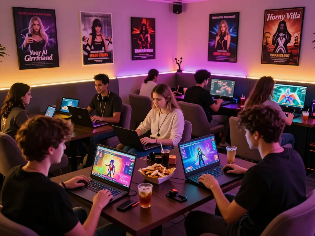 Players enjoying interactive sex games in a vibrant digital lounge.
